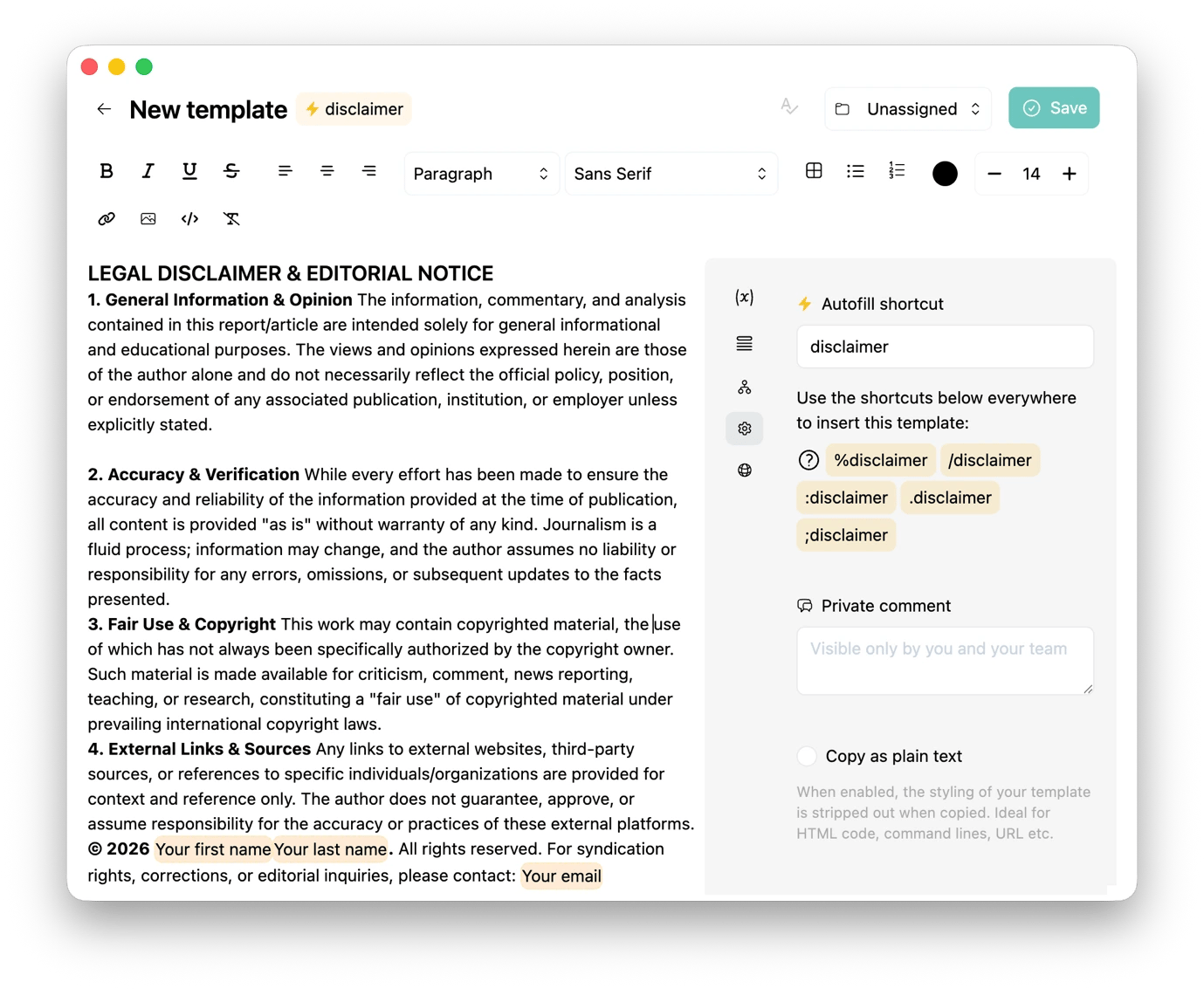 Creating a template on Typedesk, a writing assistant available on Setapp