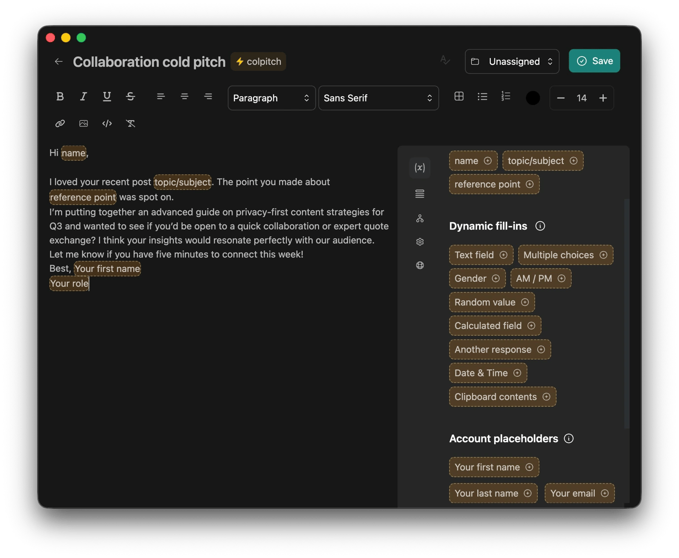 Creating a template on TypeDesk, a text expansion tool available on Setapp
