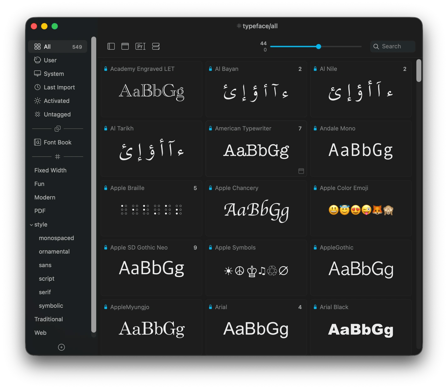 Browsing and managing installed fonts using Typeface, a font manager for macOS from Setapp