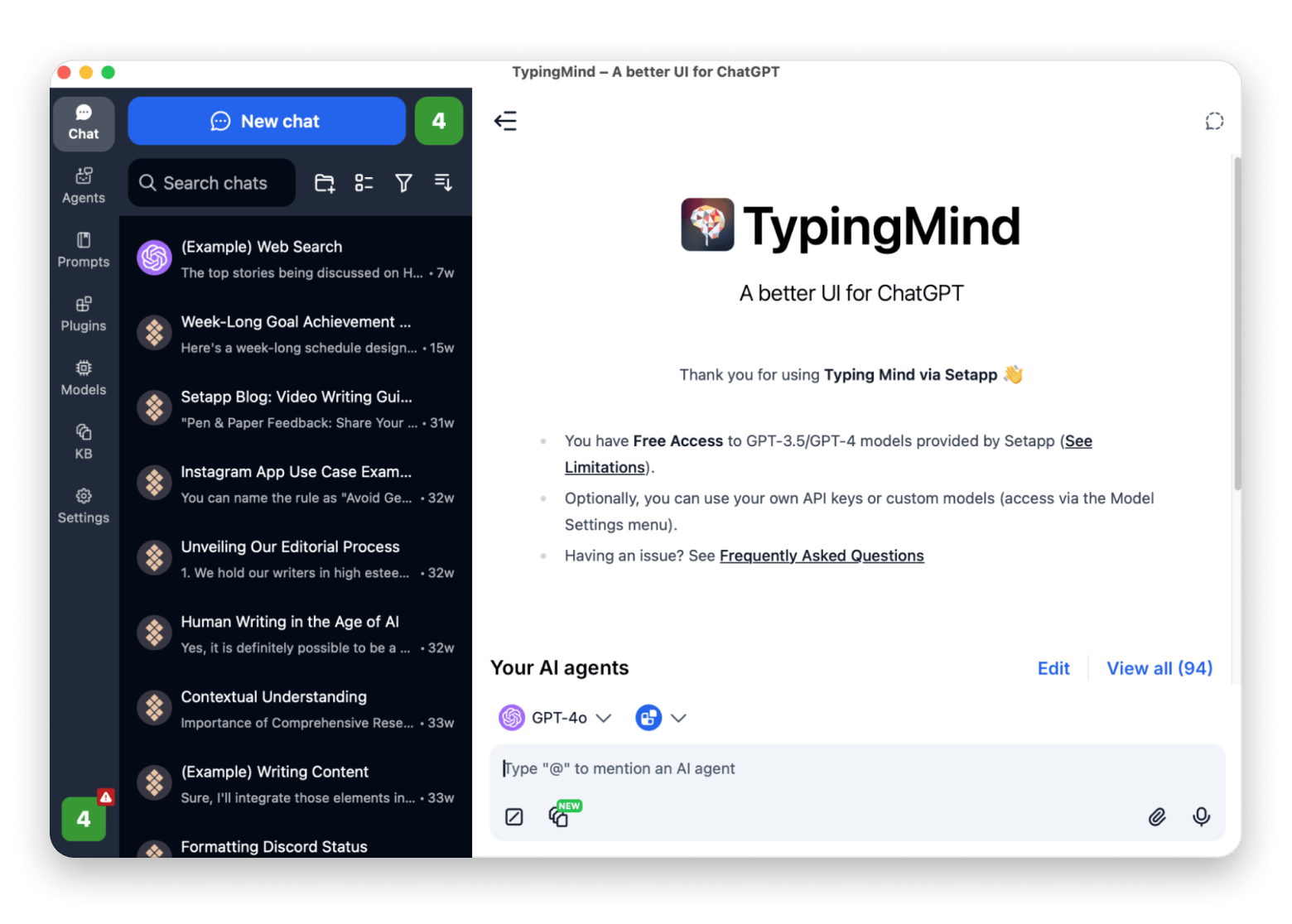 The generative AI experience on TypingMind, a localized AI assistant app for Macs that is available on Setapp
