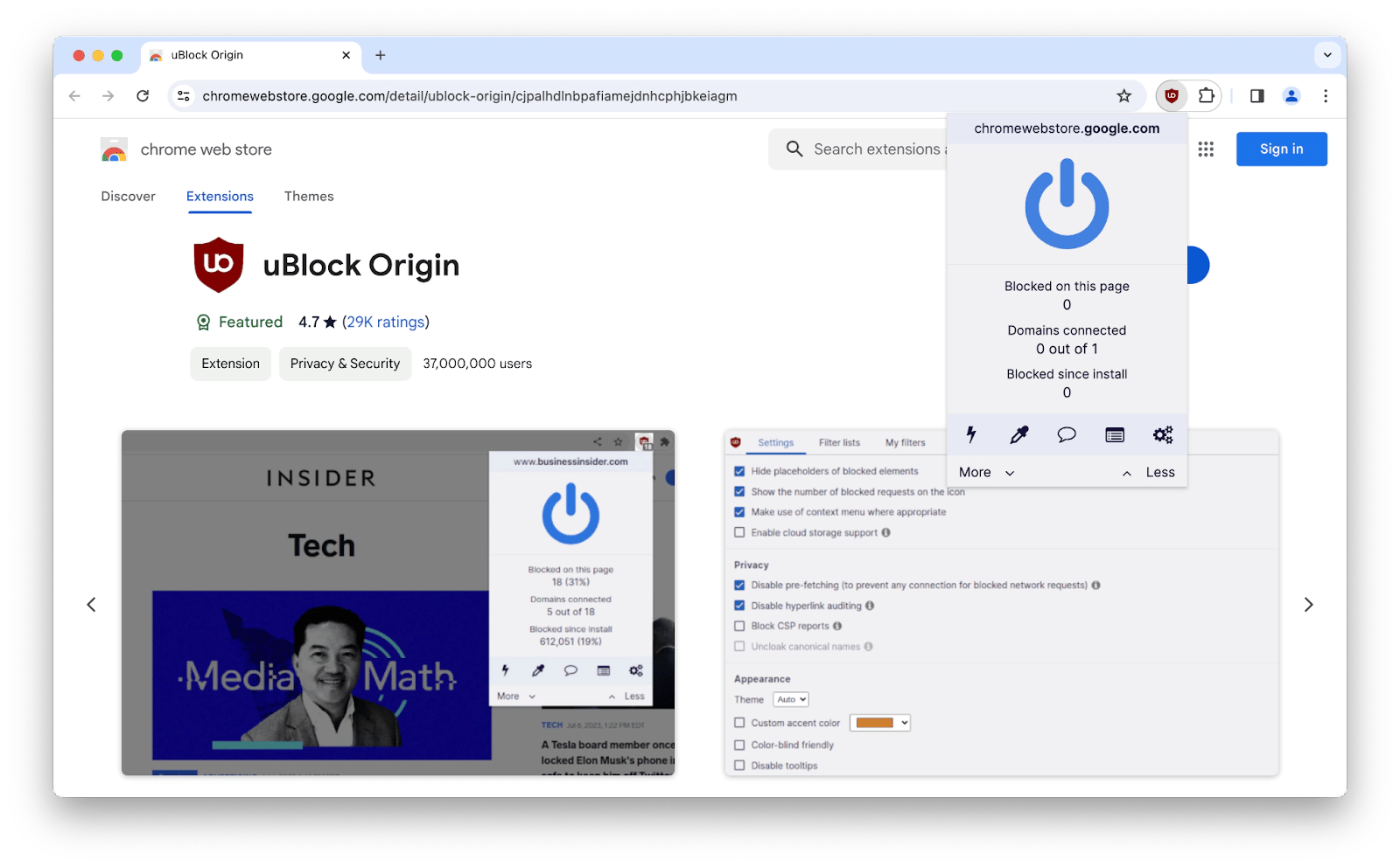 uBlock Origin, a browser ad blocker extension