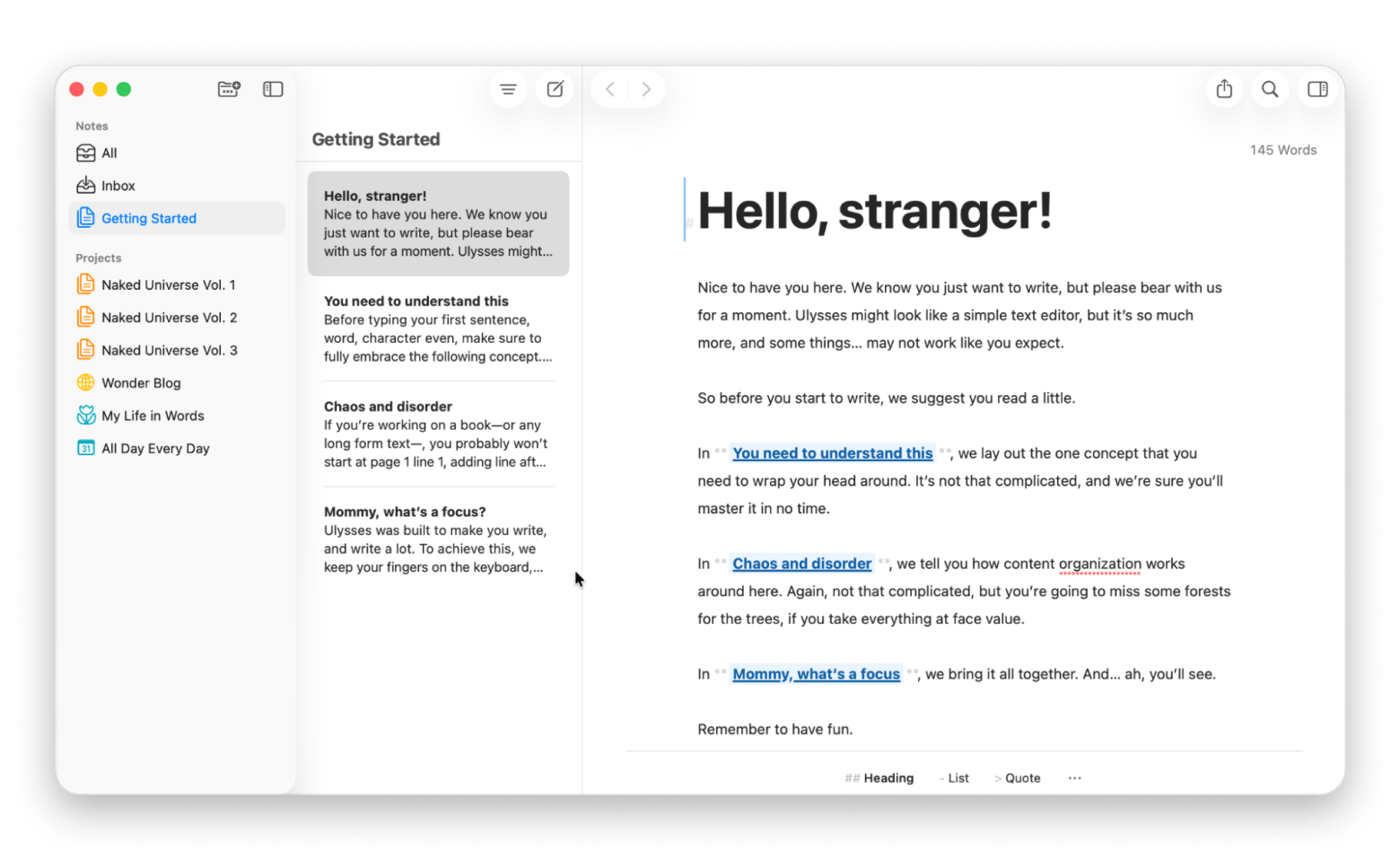 The interface of Ulysses, a distraction-free writing app available on Setapp