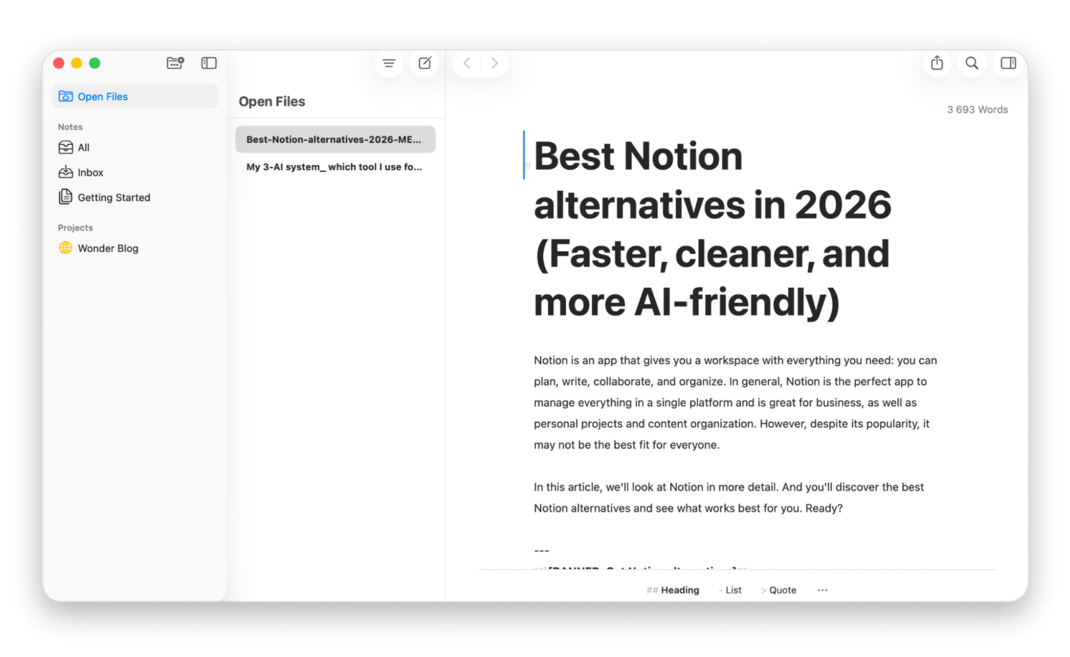 The interface of Ulysses, a writing app that is available on Setapp