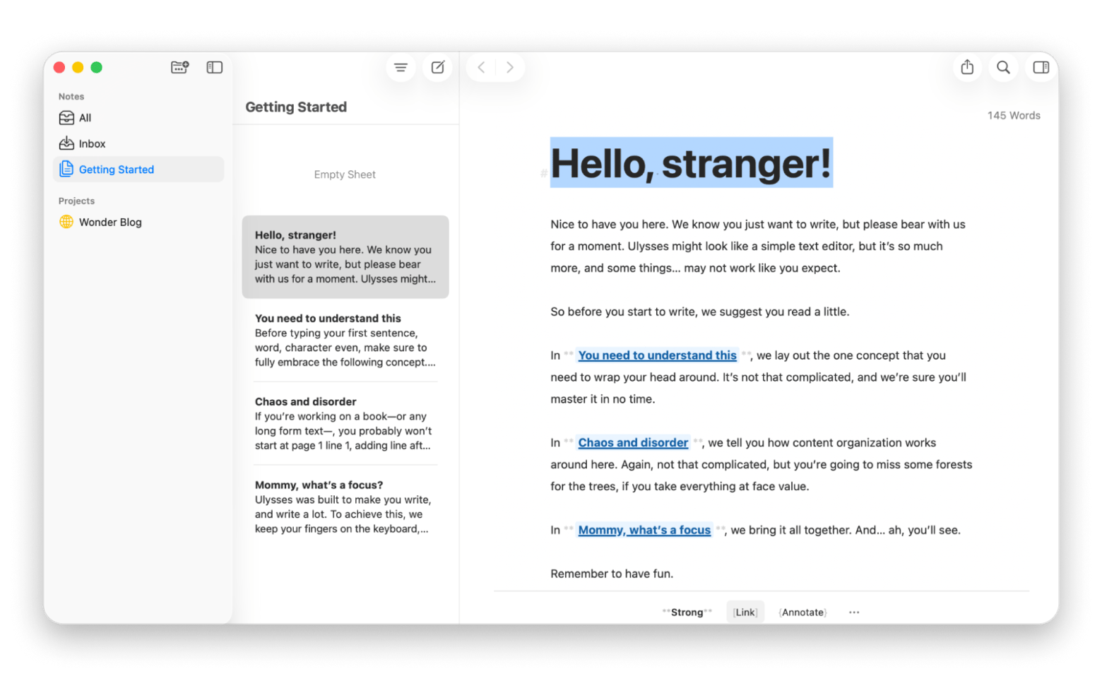 The interface of Ulysses, a writing app available on Setapp.