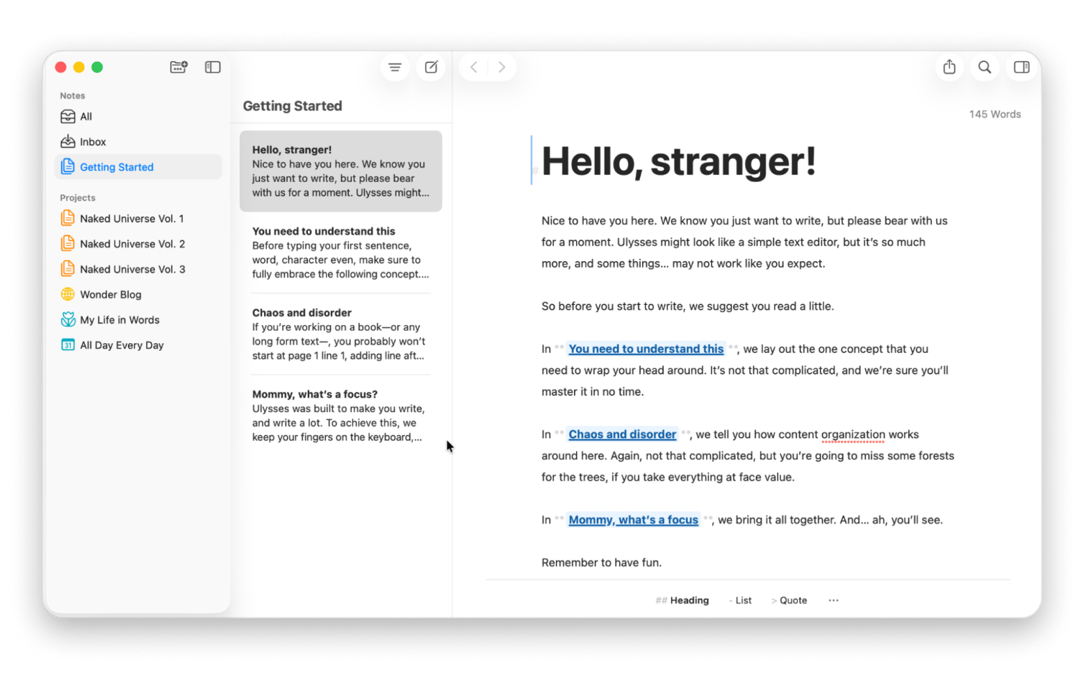 The getting started screen in Ulysses, a distraction-free writing app available on Setapp