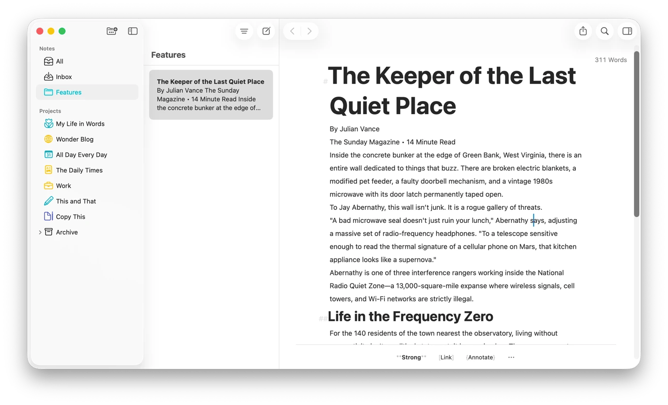 The writing interface of Ulysses, a writing tool available on Setapp