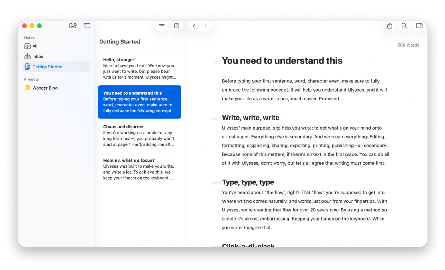 The writing sample on Ulysses, a Mac-native style writing app that is available on Setapp.