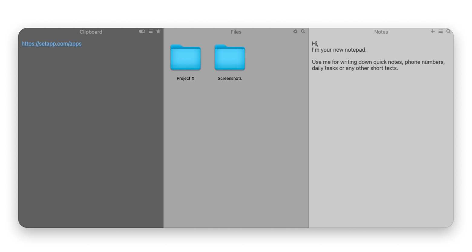 The different panels of Unclutter, an organization tool available on Setapp