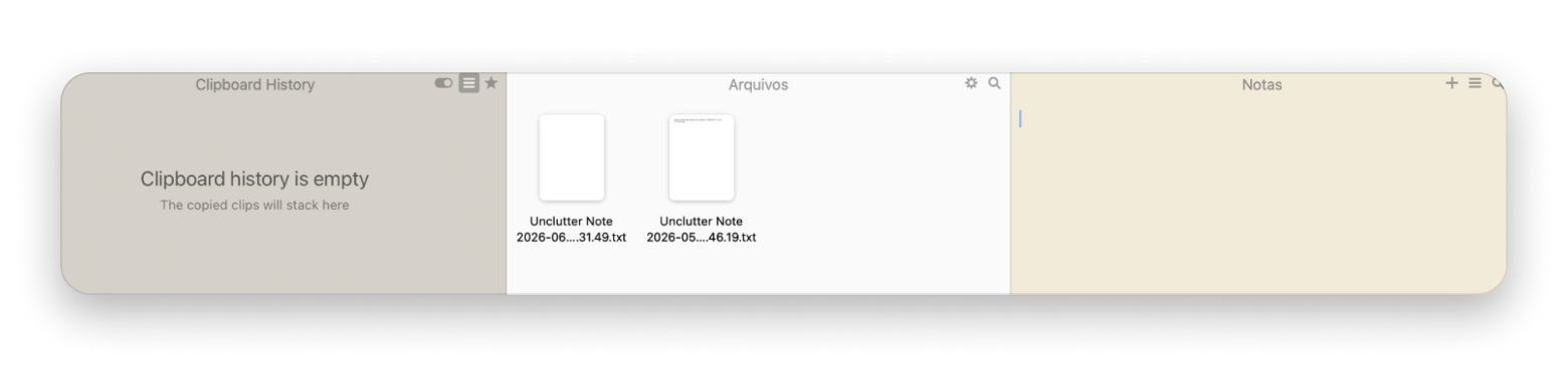 Interface do Unclutter com notas, arquivos e histórico da área de transferência no Mac, disponível no Setapp