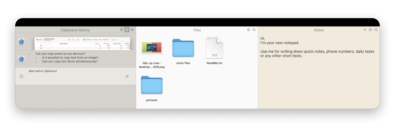 Unclutter aberto na área de trabalho do Mac mostrando os painéis de arquivos, notas e área de transferência, disponível no Setapp