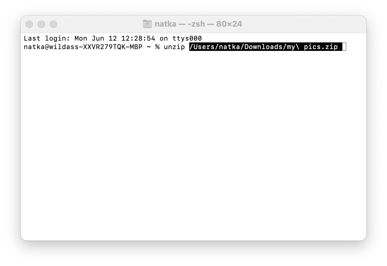 unzip using Terminal
