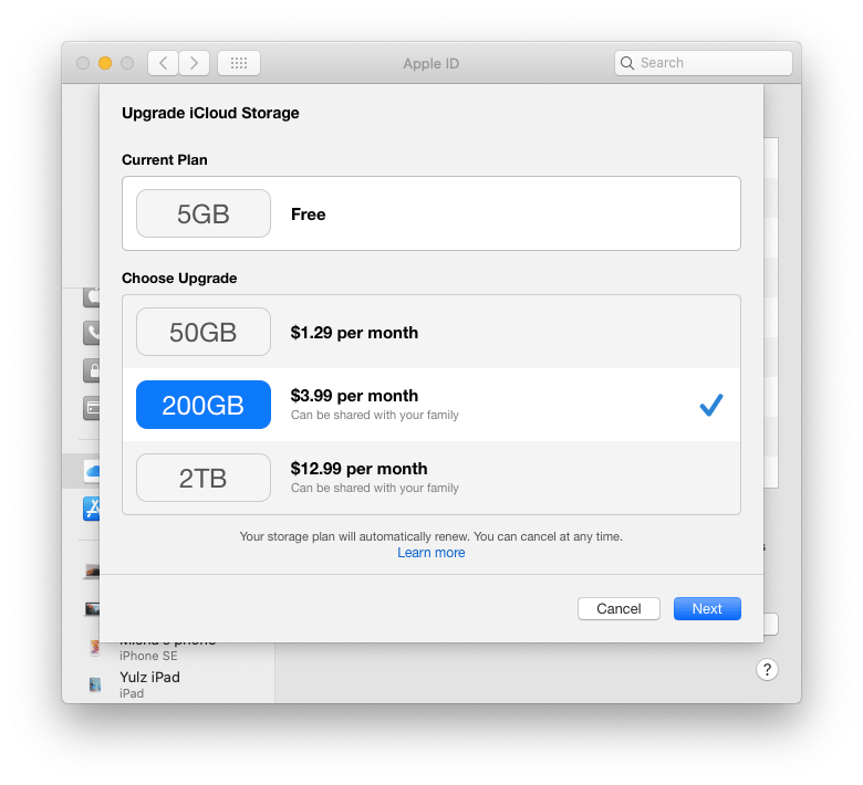 upgrade tier iCloud Mac storage
