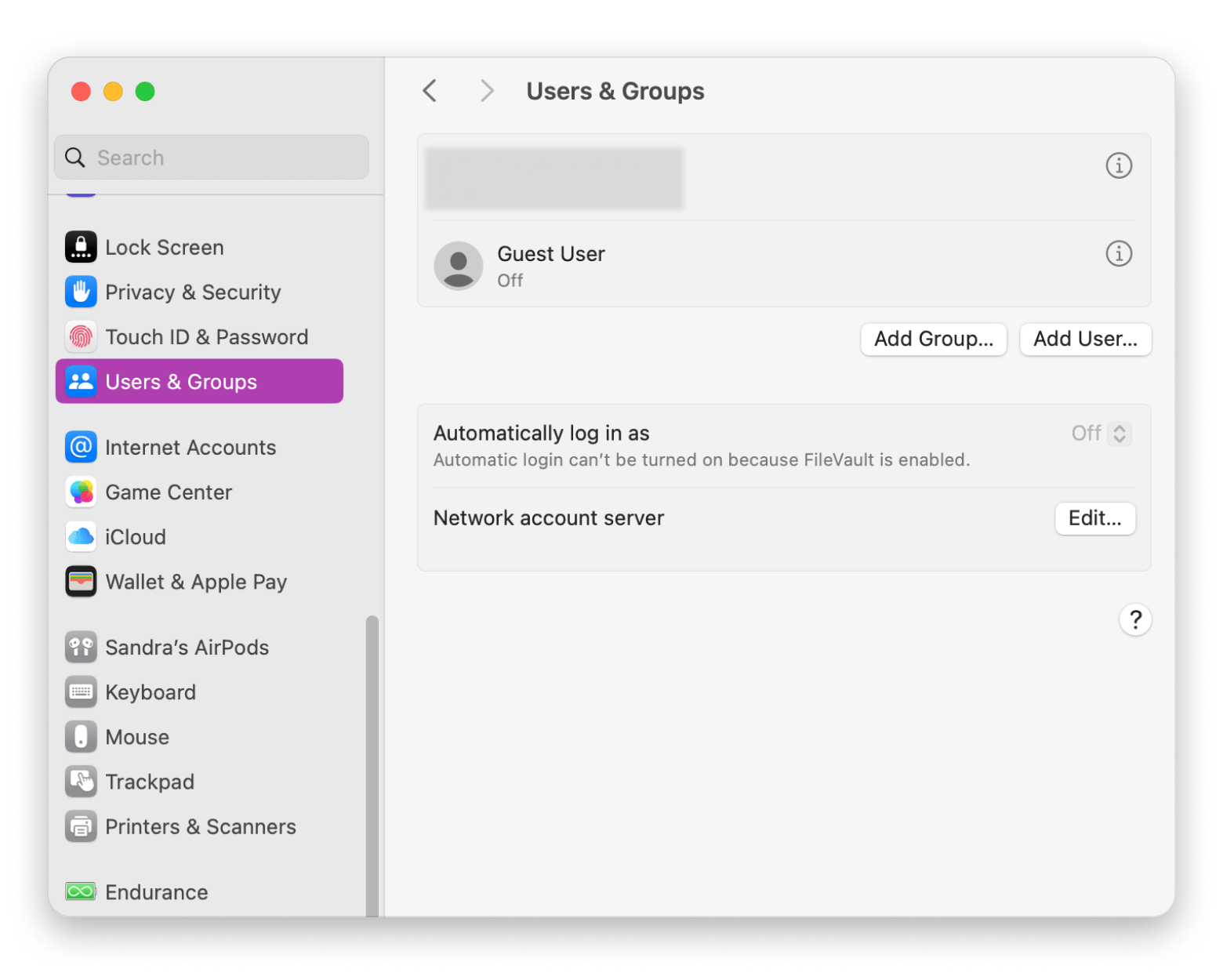 Users groups Mac window