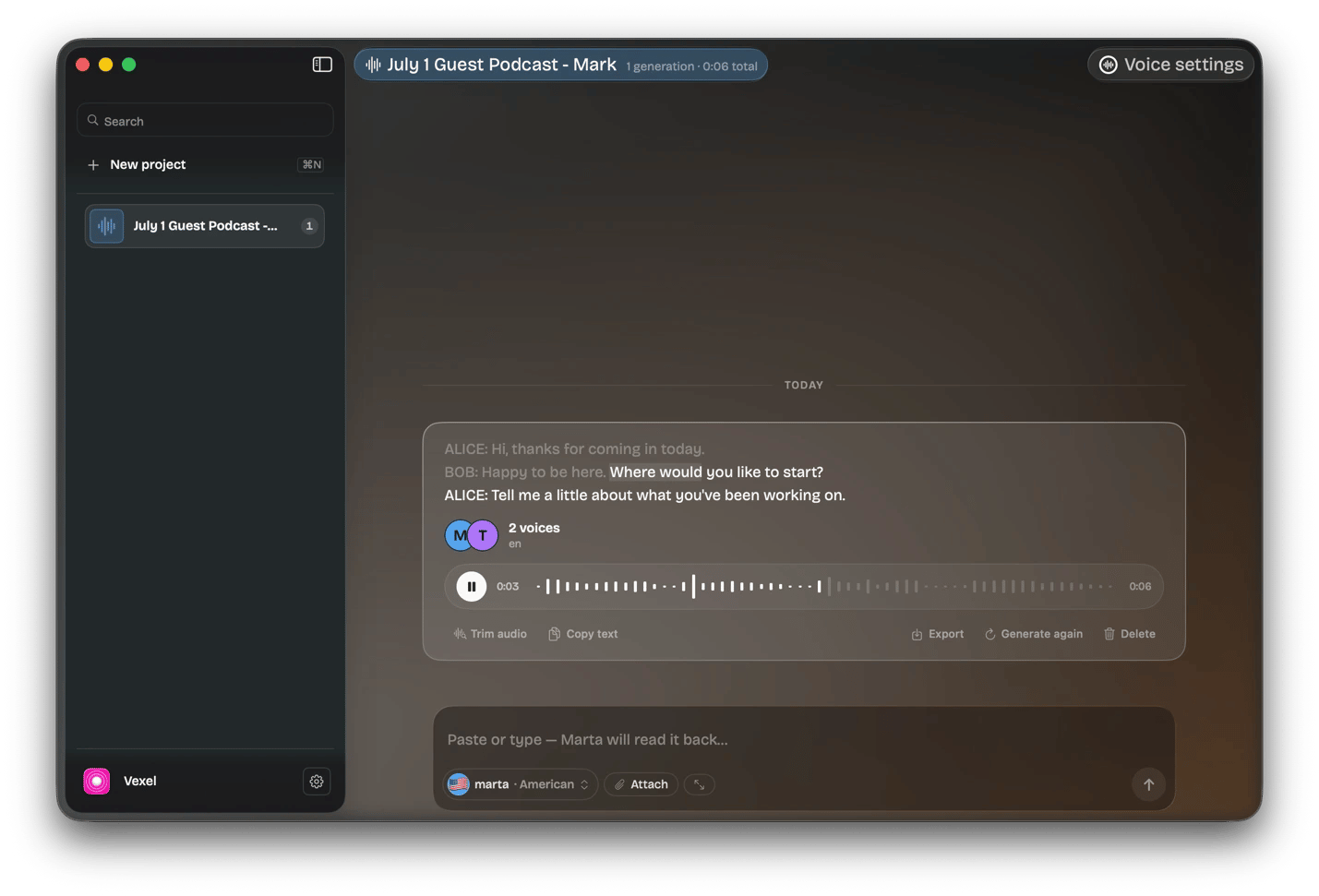 Generating an AI voiceover from text using Vexel, an AI voice generation app from Setapp