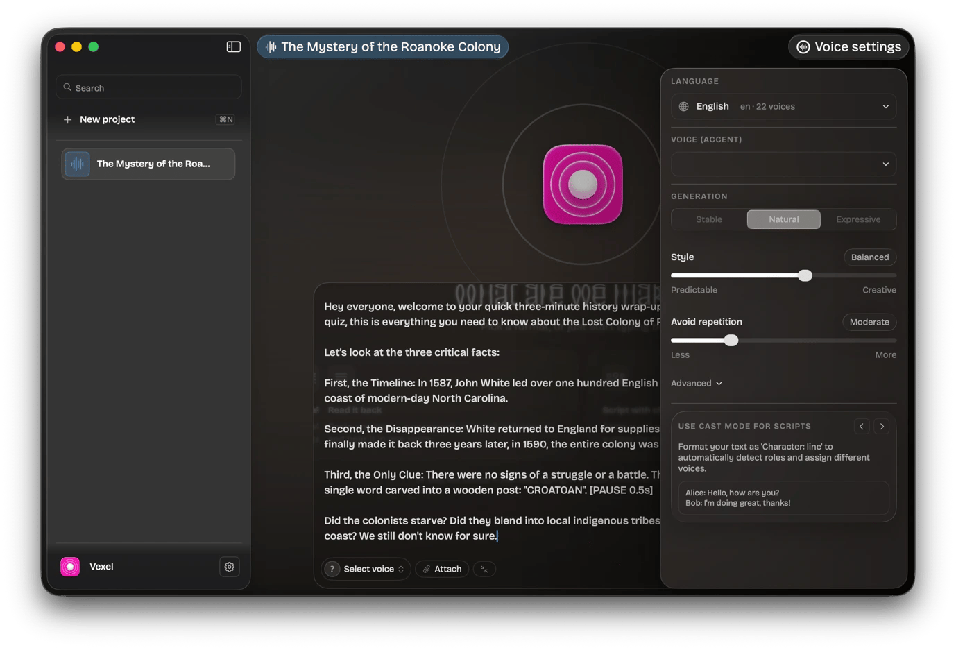 Creating an audio lesson on Vexel, a text-to-speech Mac app available on Setapp
