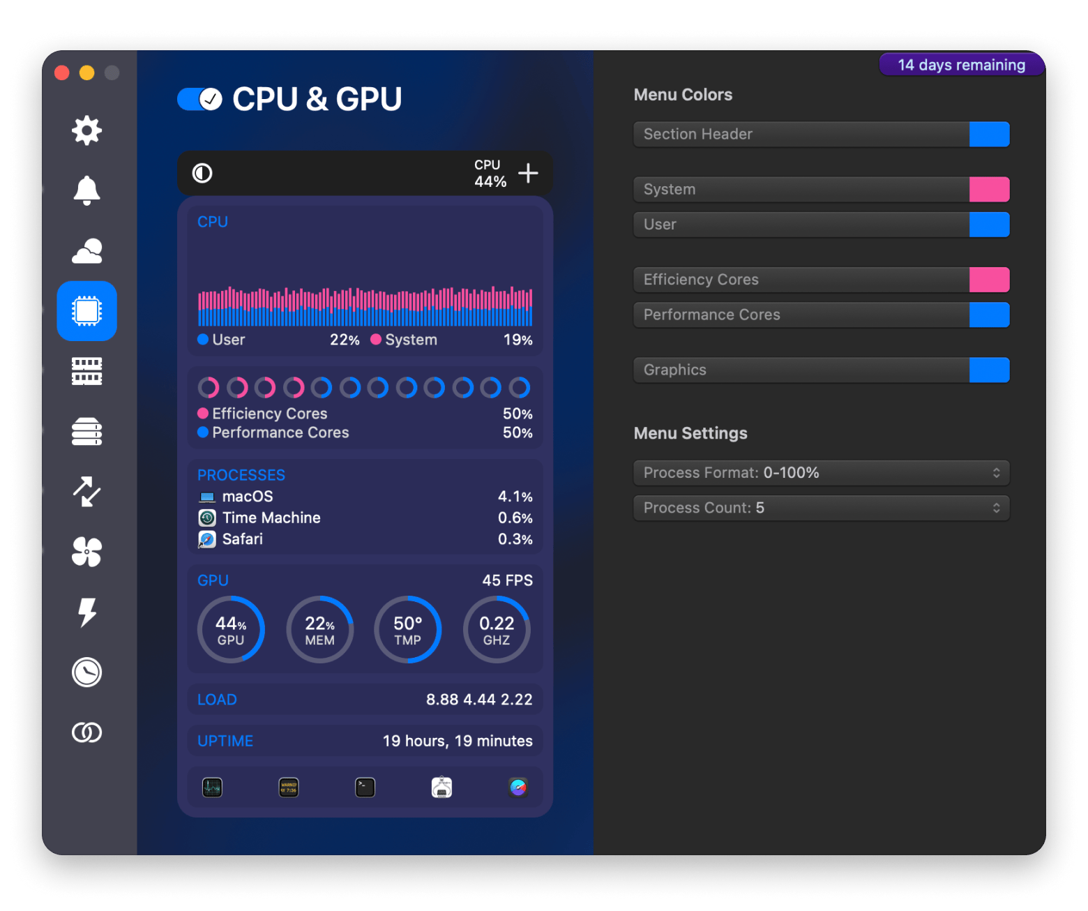 CPU & GPU tab on iStats Menu, a Mac health monitoring tool that's available on Setapp