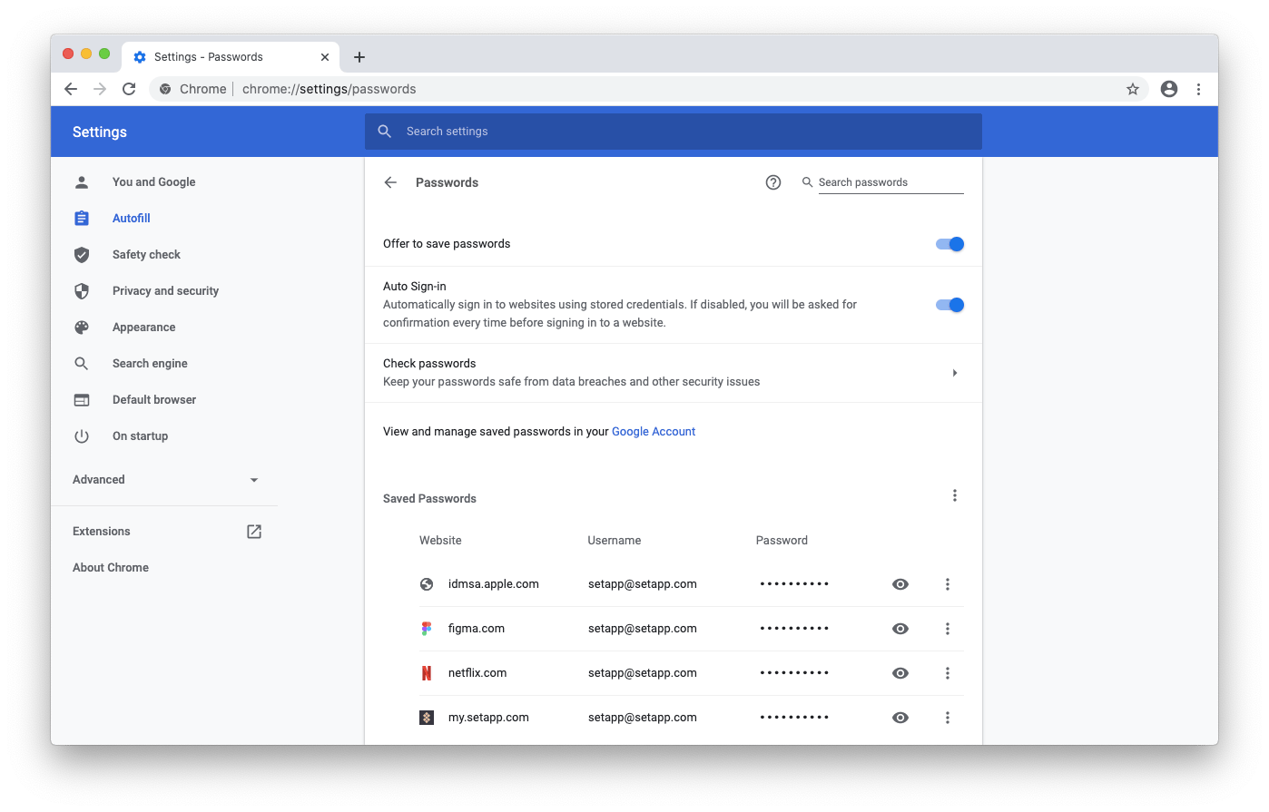 view saved passwords google chrome mac
