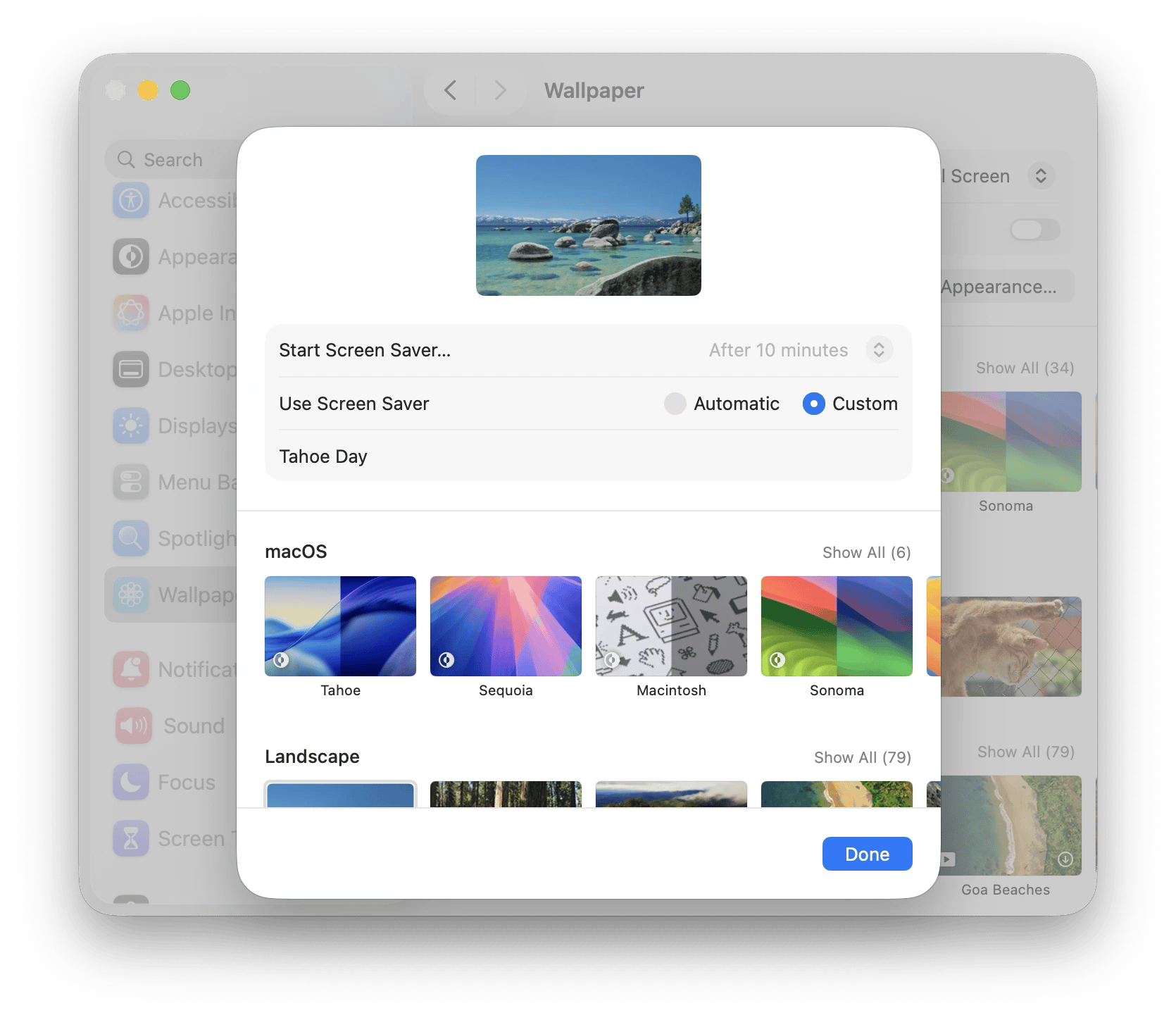 Choosing a screen saver in the macOS Screen Saver settings