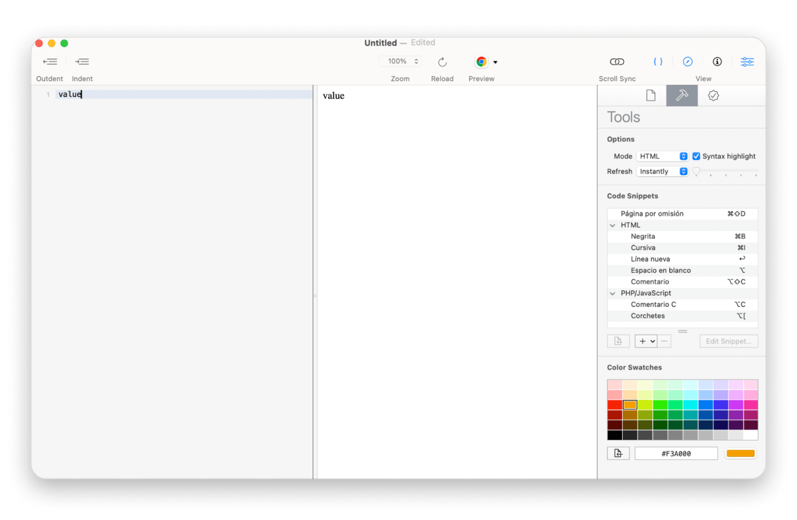 Interface do Whisk mostrando live preview de HTML e CSS em tempo real no Mac, disponível no Setapp