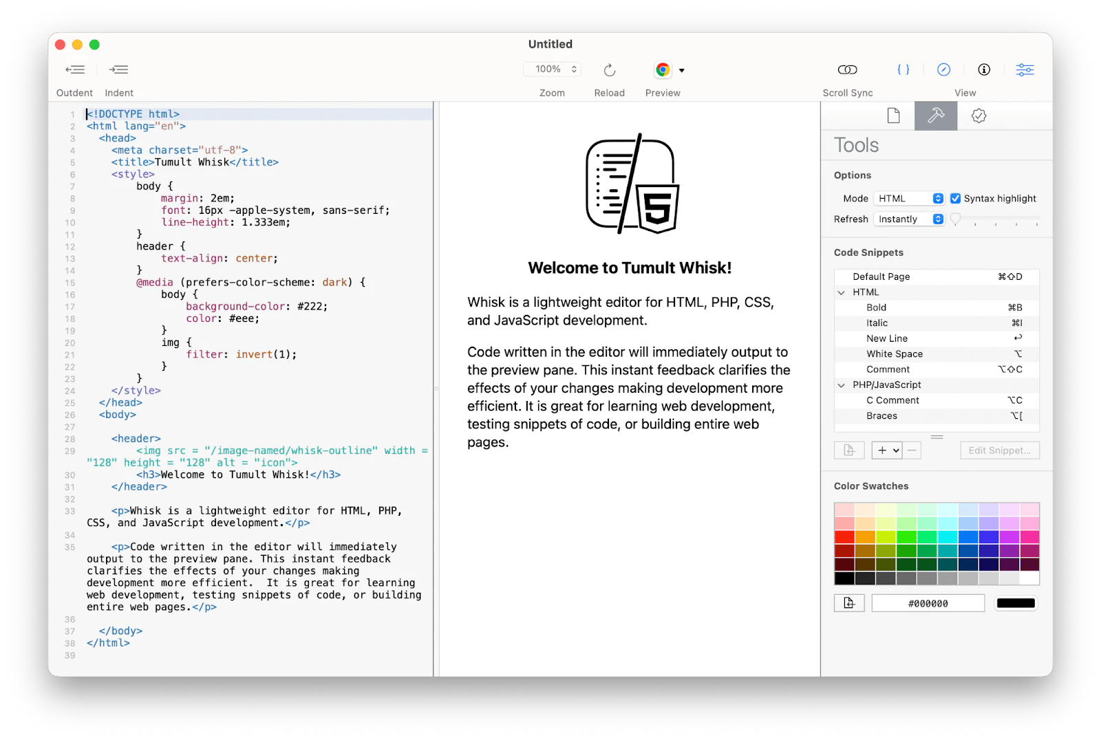 The coding page of Whisk, a code editor with live preview that is available on Setapp.