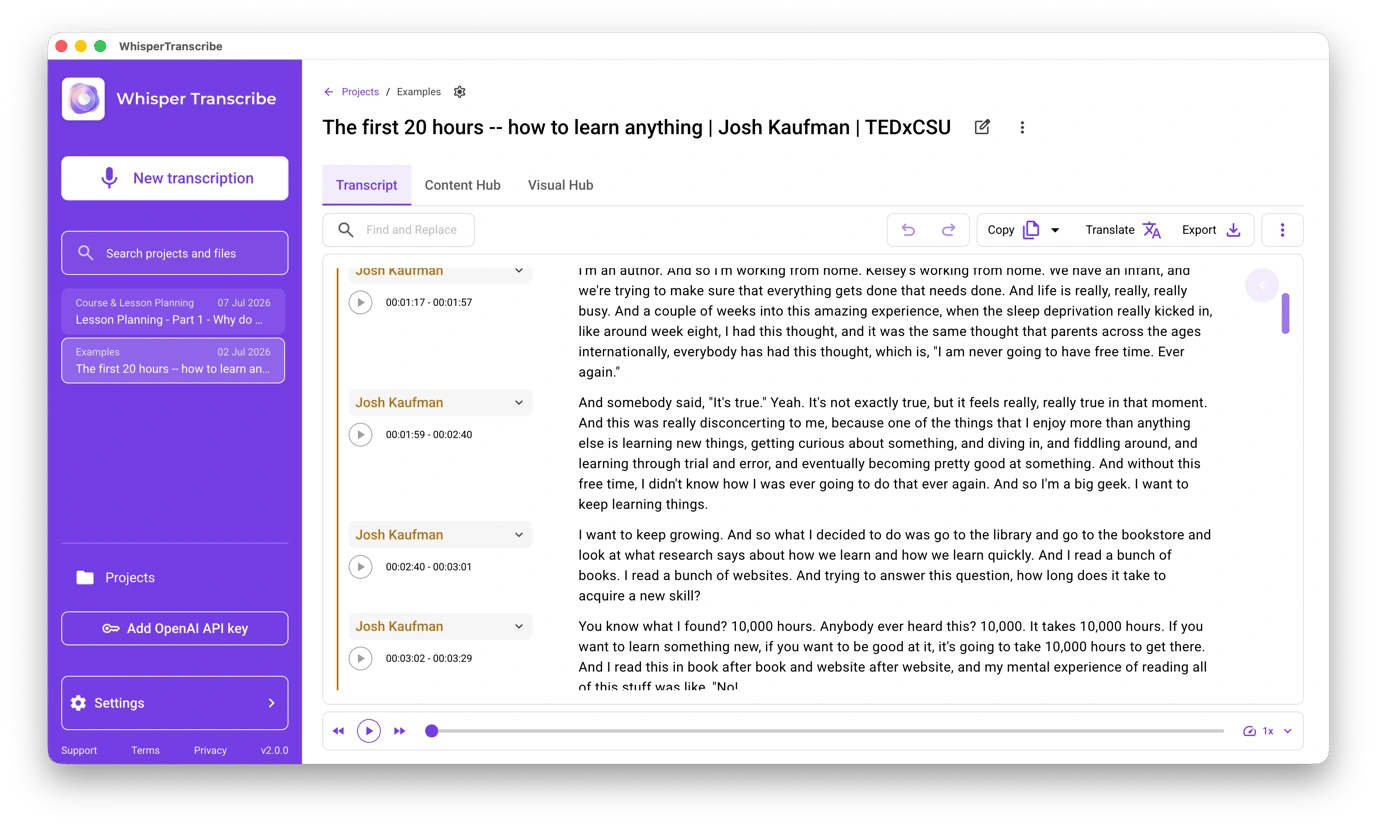 The interview transcription in WhisperTranscribe, a voice-to-text tool from Setapp