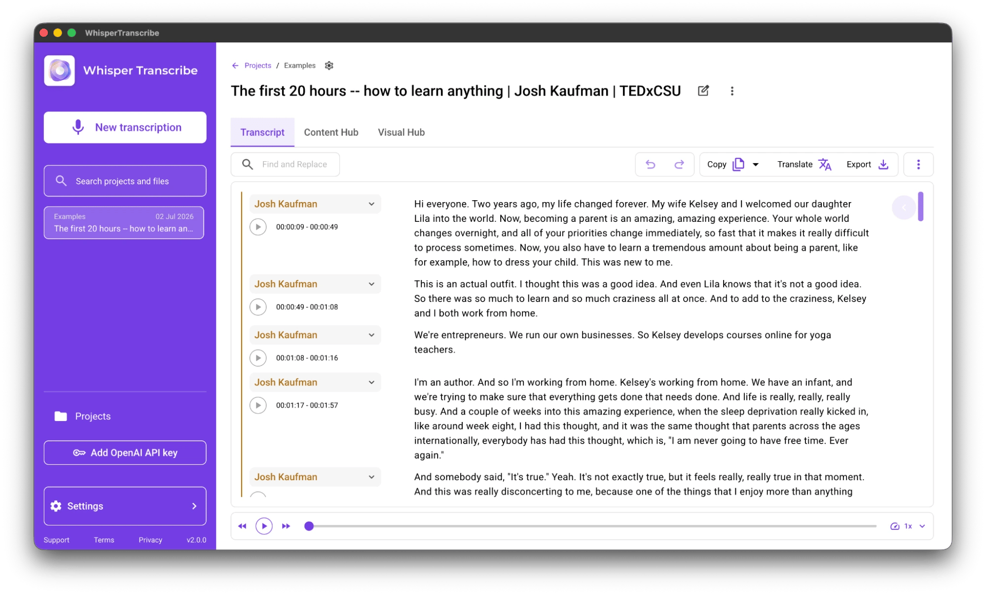 Transcribing audio into an editable transcript using WhisperTranscribe, an AI transcription app from Setapp
