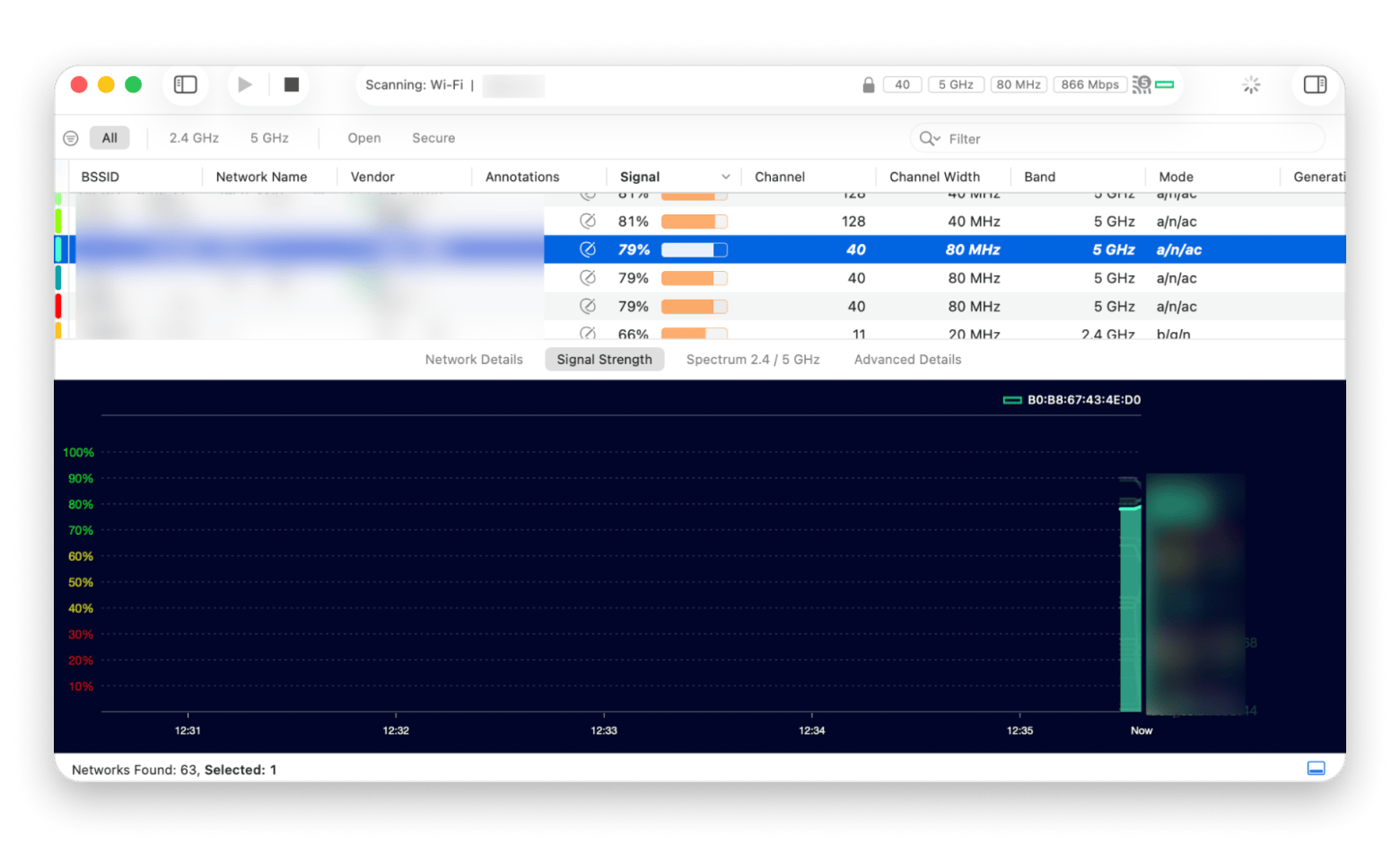 Wi-Fi network scanner showing signal strength and channel data in WiFi Explorer, a network monitoring app that is available on Setapp