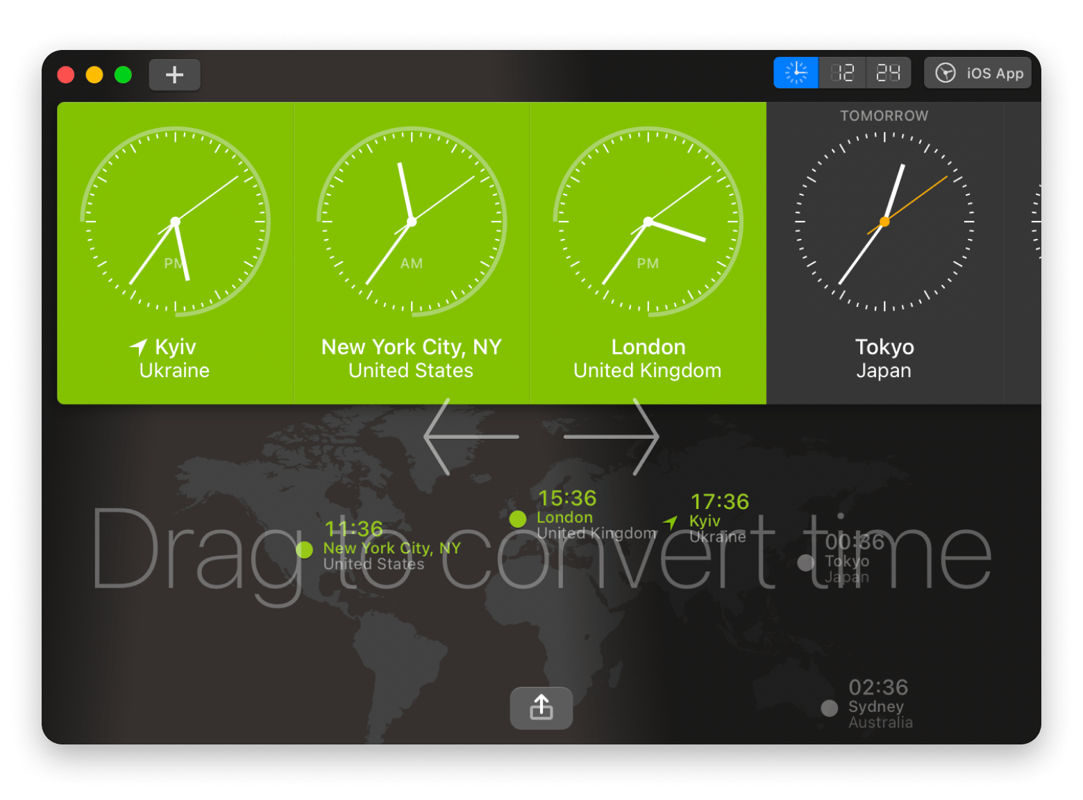 The interface of World Clock Pro, a time zone app available on Setapp
