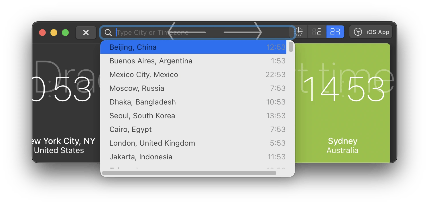 The interface of World Clock Pro, a time conversion tool available on Setapp