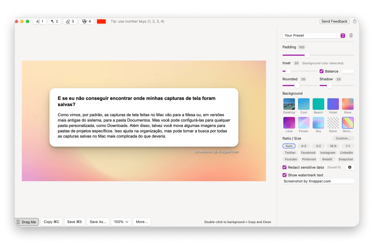 Interface do Xnapper exibindo uma captura com fundo personalizado e balanceamento visual, disponível no Setapp