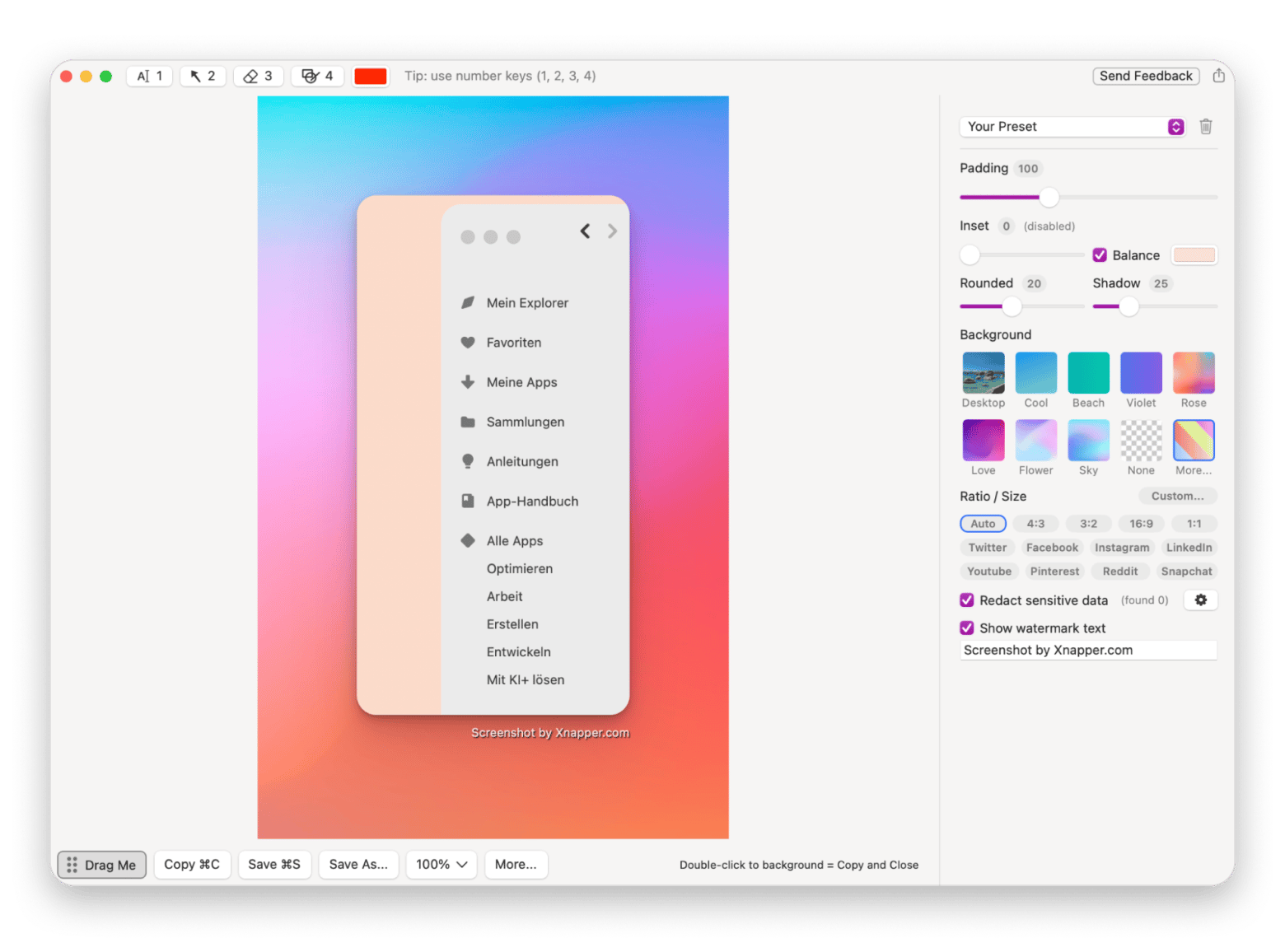 Der Screenshot-Editor von Xnapper mit Hintergrund- und Formatierungsoptionen, verfügbar auf Setapp