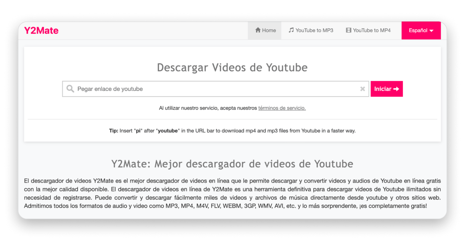 Interfaz web de Y2Mate mostrando opciones de descarga de YouTube