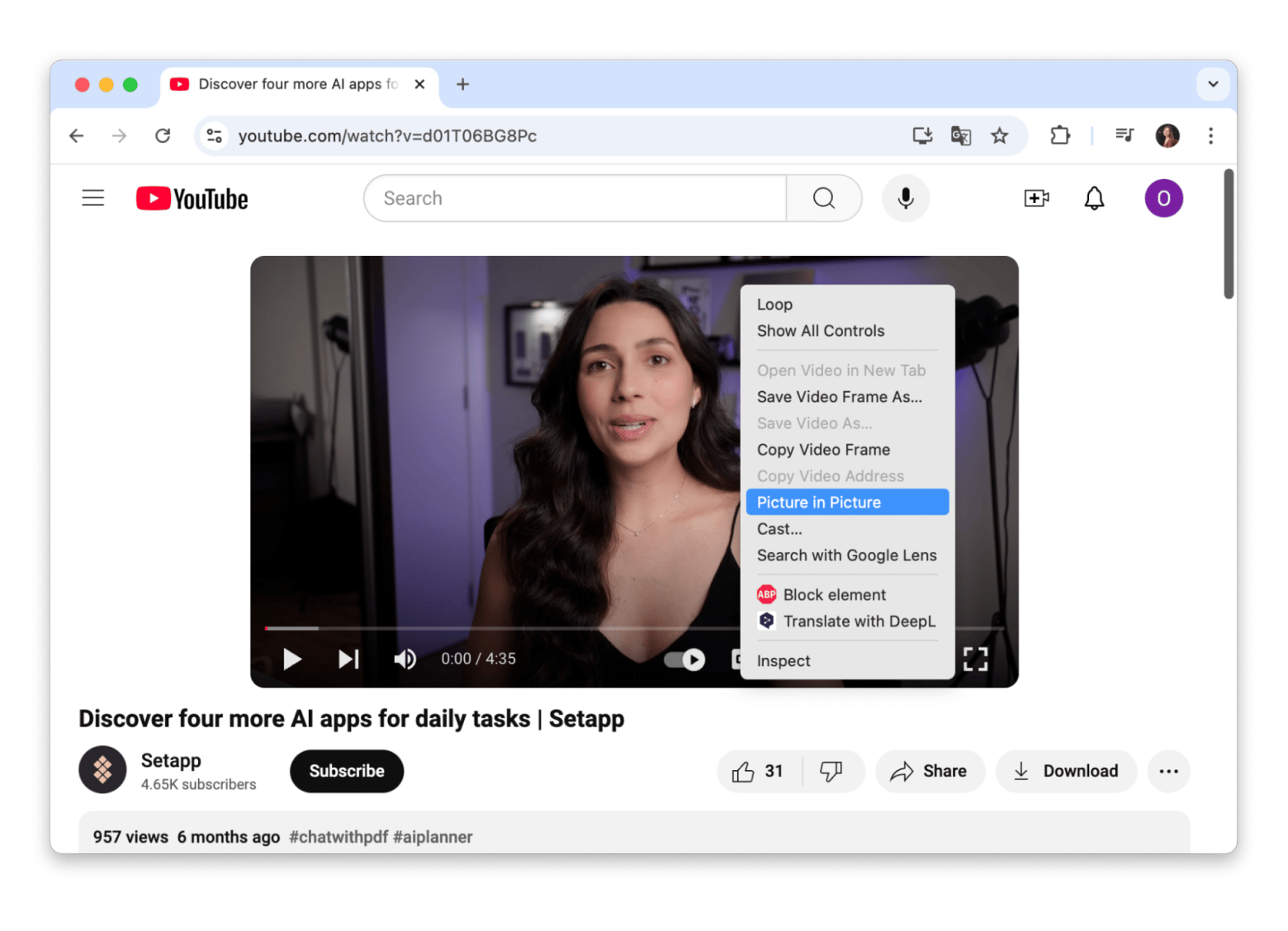 Picture-in-Picture Mode in Chrome YouTube