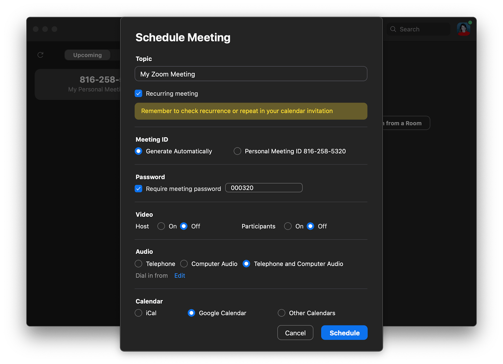 Zoom app schedule meeting