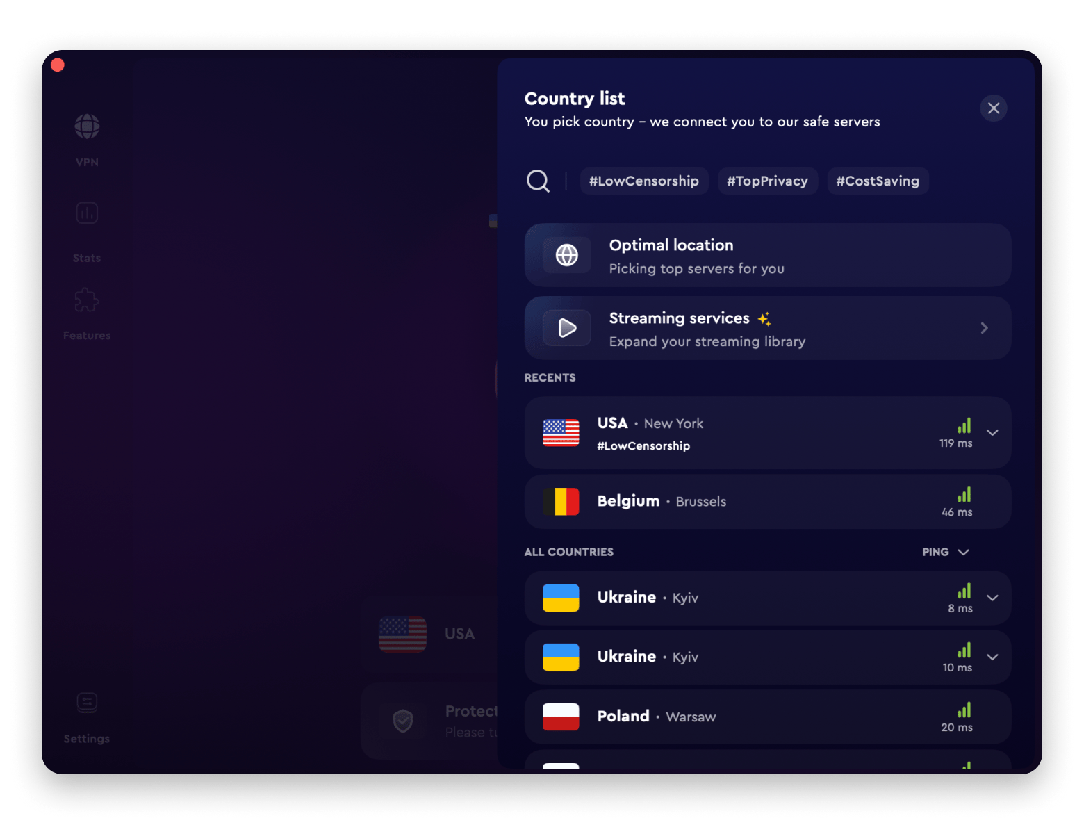The interface of ClearVPN, a VPN app that's available on Setapp